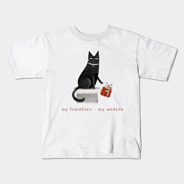 Cartoon black cat throwing off a jar of tomatoes with the inscription "My tomatoes - my weapon." Kids T-Shirt by Olena Tyshchenko